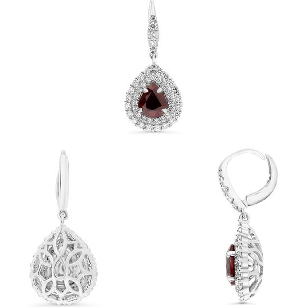 Roman & Jules - 18K White Gold Pear Shape Ruby and Diamond Halo Earrings - 1.04 Carat Total Ruby Weight, 0.84 Carat Total Diamond Weight