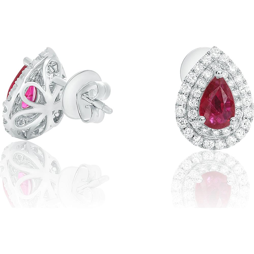 Roman & Jules - 18K White Gold Pear Shape Ruby and Diamond Halo Stud Earrings - 1.00 Carat Total Ruby Weight, 0.46 Carat Total Diamond Weight