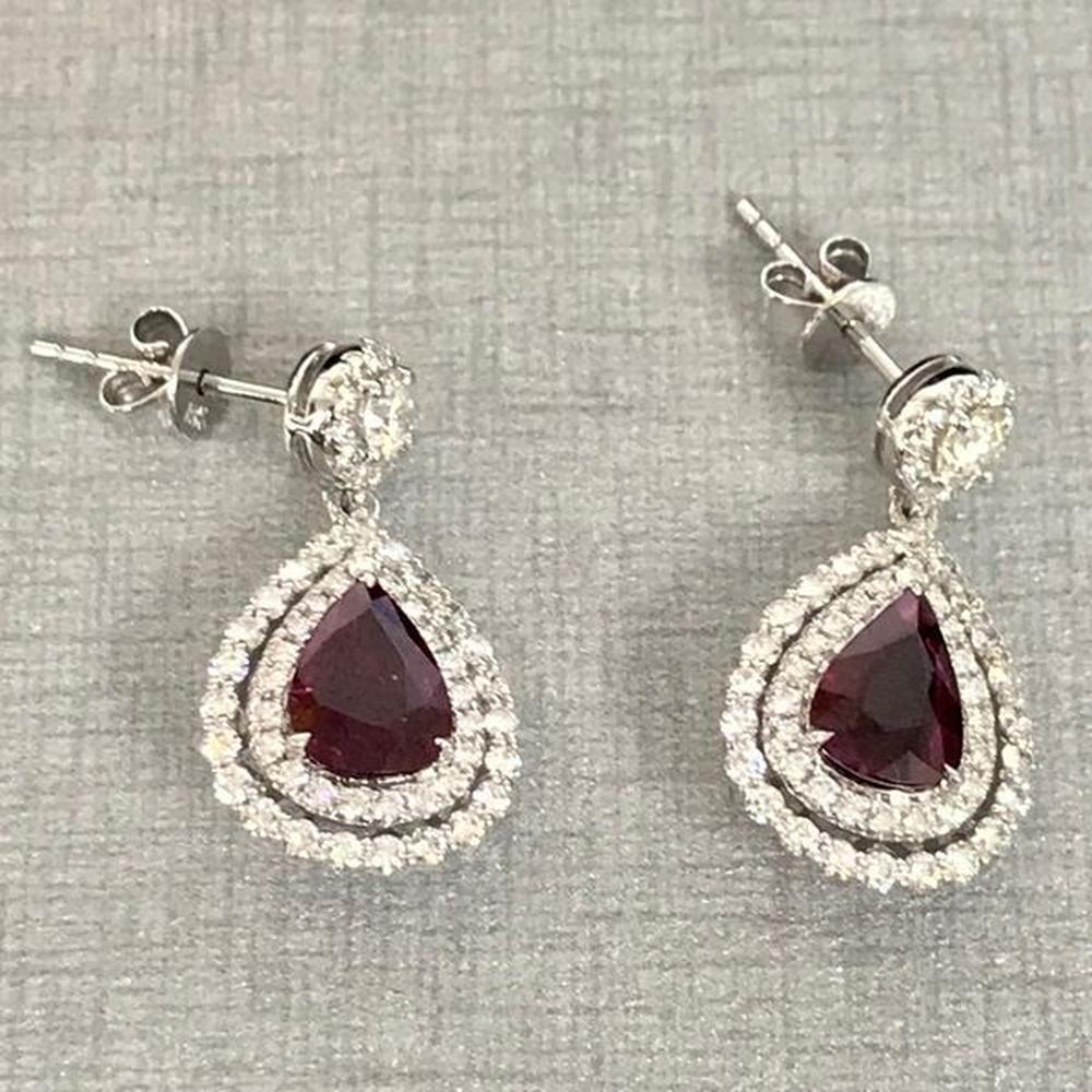 Roman & Jules - 18K White Gold Pear Shape Ruby and Round Diamond Earrings - 1.00 Carat Total Ruby Weight, 0.88 Carat Total Diamond Weight