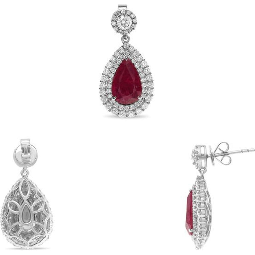 Roman & Jules - 18K White Gold Pear Shape Ruby Earrings with Diamond Halo - 4.47 Carat Total Ruby Weight, 0.38 Carat Total Diamond Weight