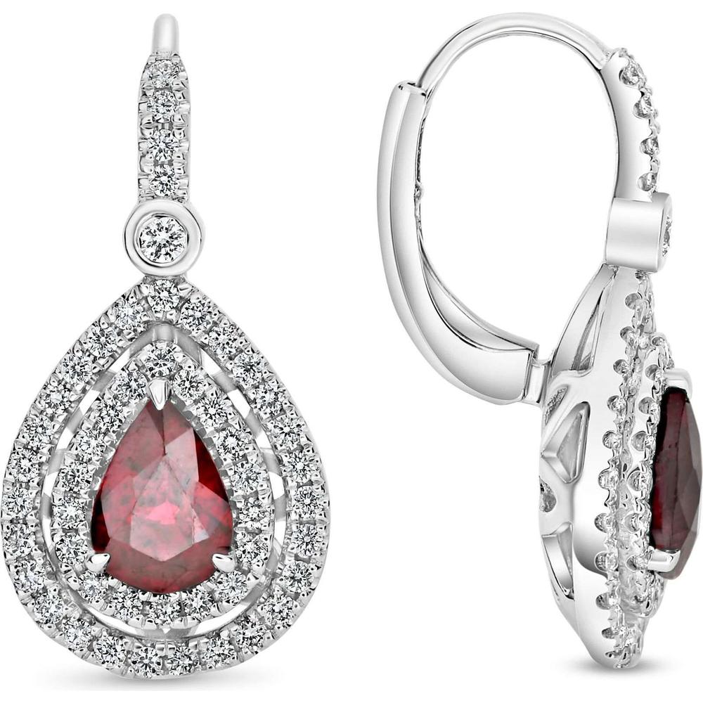 Roman & Jules - 18K White Gold Pear Shape Ruby Earrings with Double Halo and Round Diamonds - 1.39 Carat Total Diamond Weight