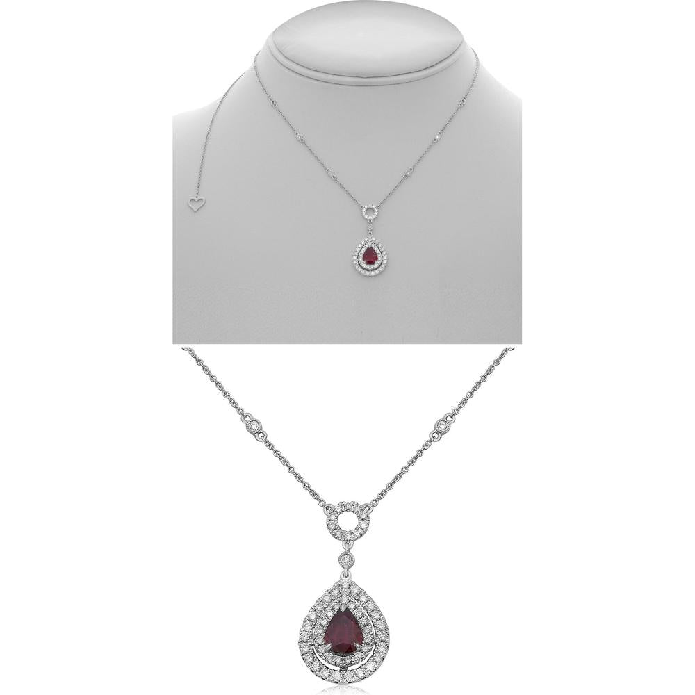 Roman & Jules - 18K White Gold Pear Shape Ruby Necklace with Diamond Halo - 0.84 Carat Total Diamond Weight