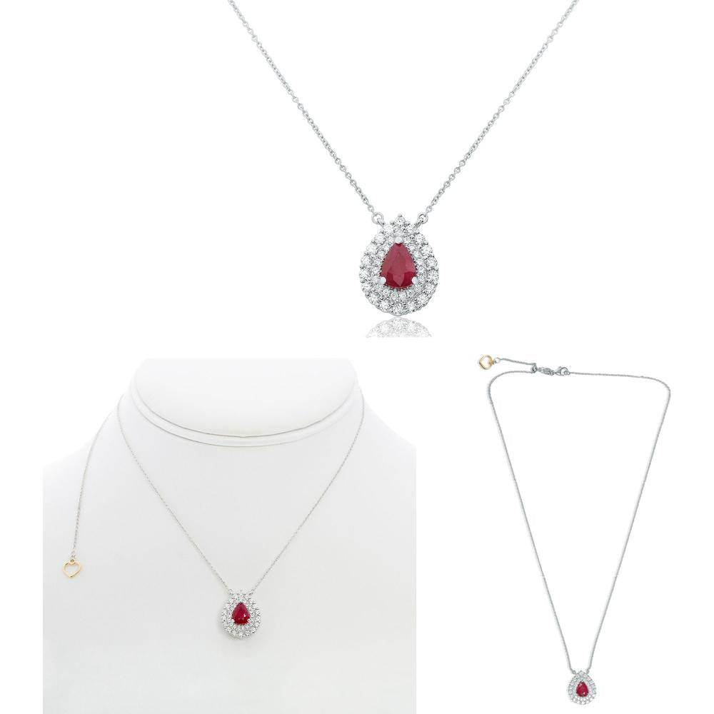 Roman & Jules - 18K White Gold Pear Shape Ruby Necklace with Diamond Halo - 1.47 Carat Ruby, 0.72 Carat Total Diamond Weight