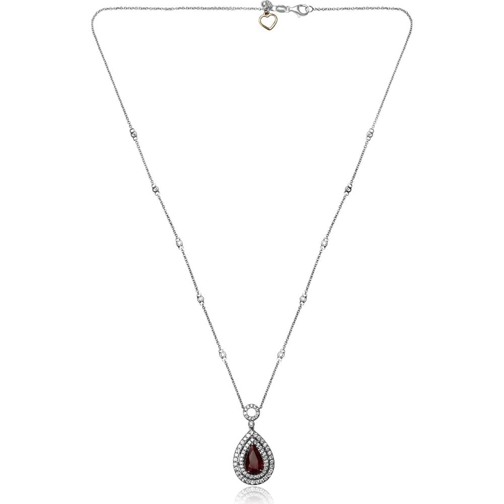 Roman & Jules - 18K White Gold Pear Shape Ruby Necklace with Diamond Halo - 2.23 Carat Ruby, 0.89 Carat Total Diamond Weight