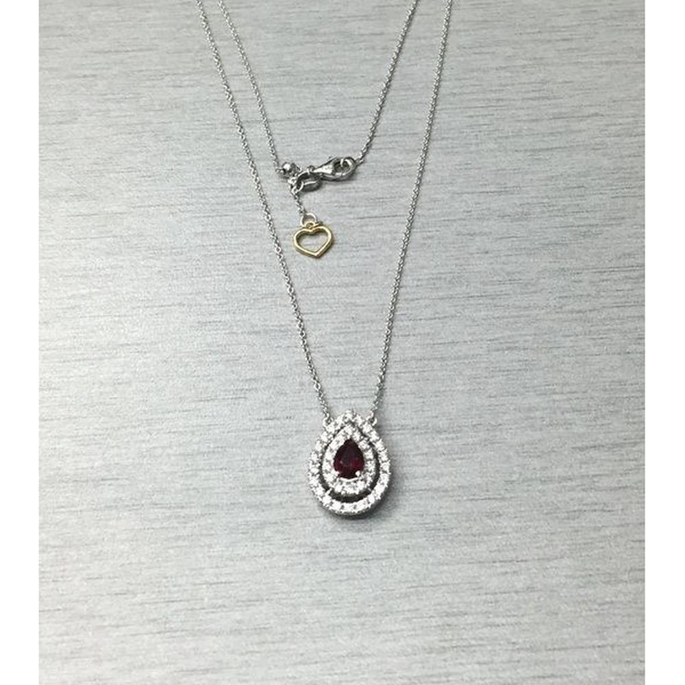 Roman & Jules - 18K White Gold Pear Shape Ruby Necklace with Double Diamond Halo - 0.70 Carat Ruby & 0.58 Carat Diamond Total Weight