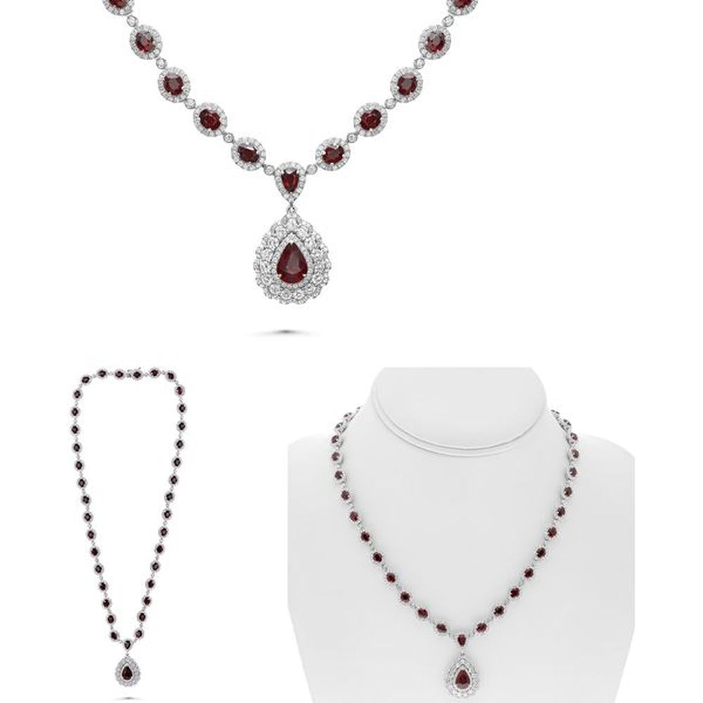 Roman & Jules - 18K White Gold Pear Shape Ruby Necklace with Round Diamonds - 16.64 Carat Ruby, 6.49 Carat Diamond Total Weight
