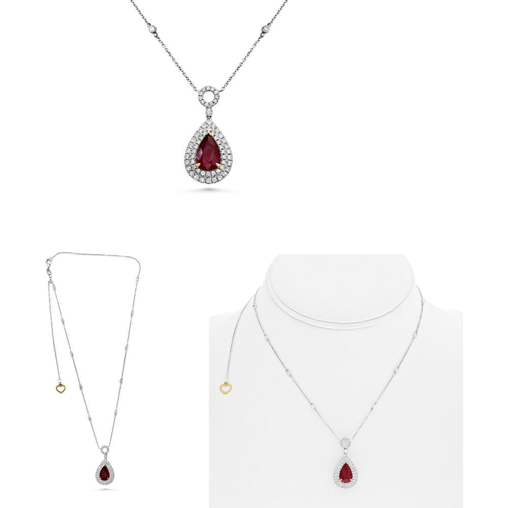 Roman & Jules - 18K White Gold Pear Shape Ruby Necklace with Round Diamonds - 2.38 Carat Ruby, 0.87 Carat Diamond Total Weight