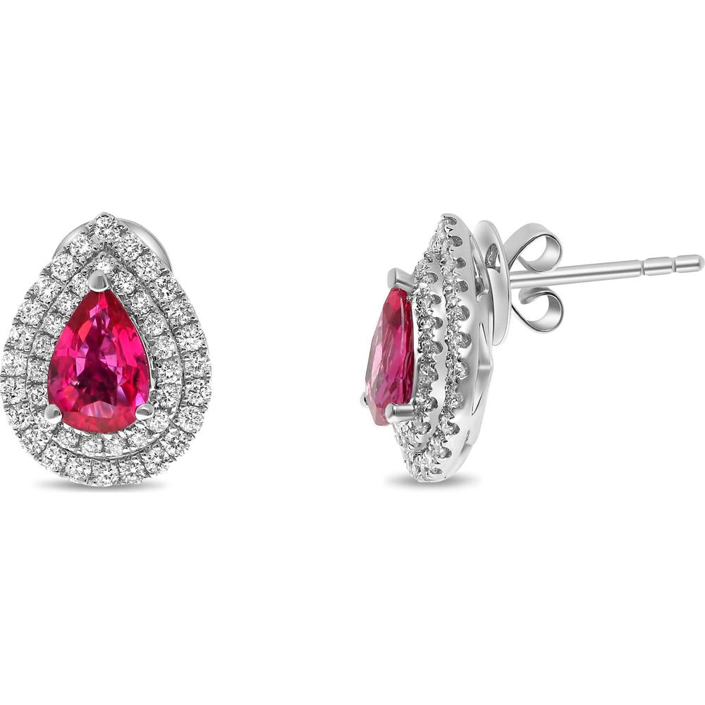 Roman & Jules - 18K White Gold Pear Shape Ruby Stud Earrings with Double Halo Round Diamonds - 1.32 Carat Total Ruby and Diamond Weight