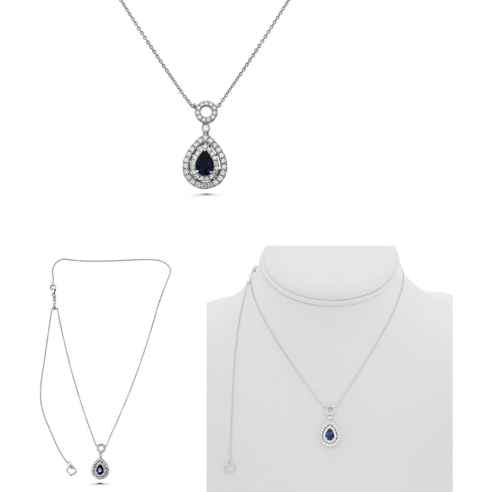 Roman & Jules - 18K White Gold Pear Shape Sapphire and Diamond Necklace - 0.50 Carat Total Diamond Weight