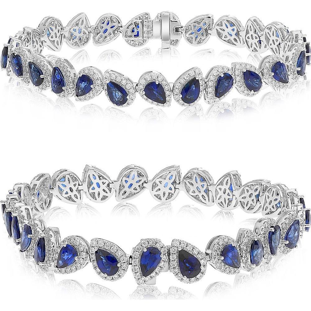 Roman & Jules - 18K White Gold Pear Shape Sapphire Bracelet with Round Diamonds - 11.71 Carat Total Sapphire Weight
