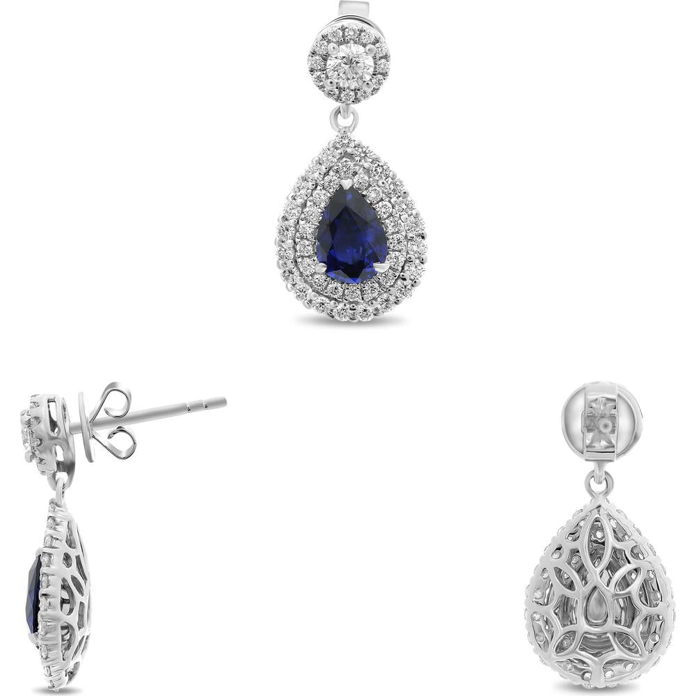Roman & Jules - 18K White Gold Pear Shape Sapphire Earrings with Diamond Halo - 0.50 Carat Total Diamond Weight