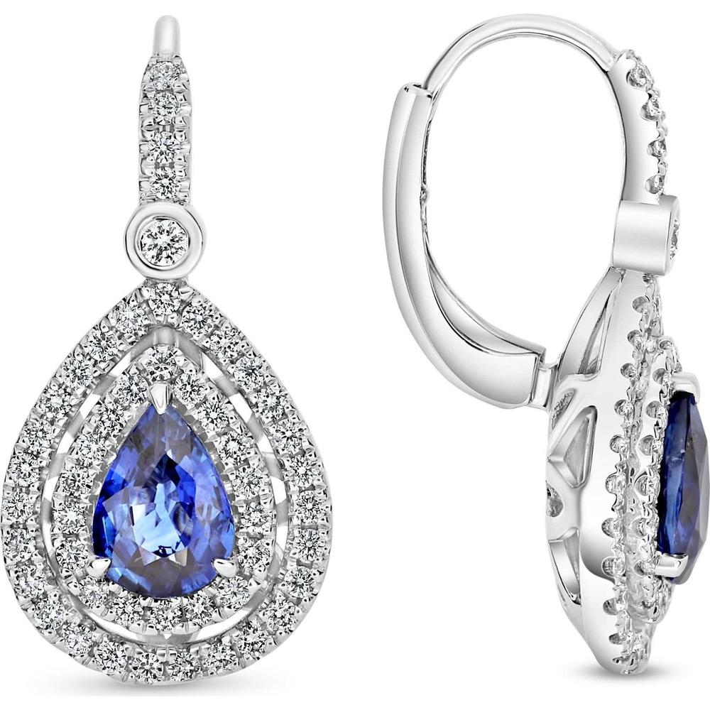 Roman & Jules - 18K White Gold Pear Shape Sapphire Earrings with Diamond Halo - 1.48 Carat Total Gemstone Weight