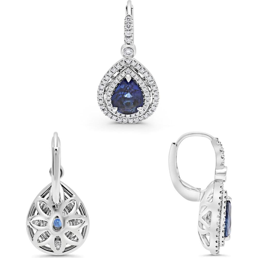 Roman & Jules - 18K White Gold Pear Shape Sapphire Earrings with Diamond Halo - 2.46 Carat Total Sapphire Weight