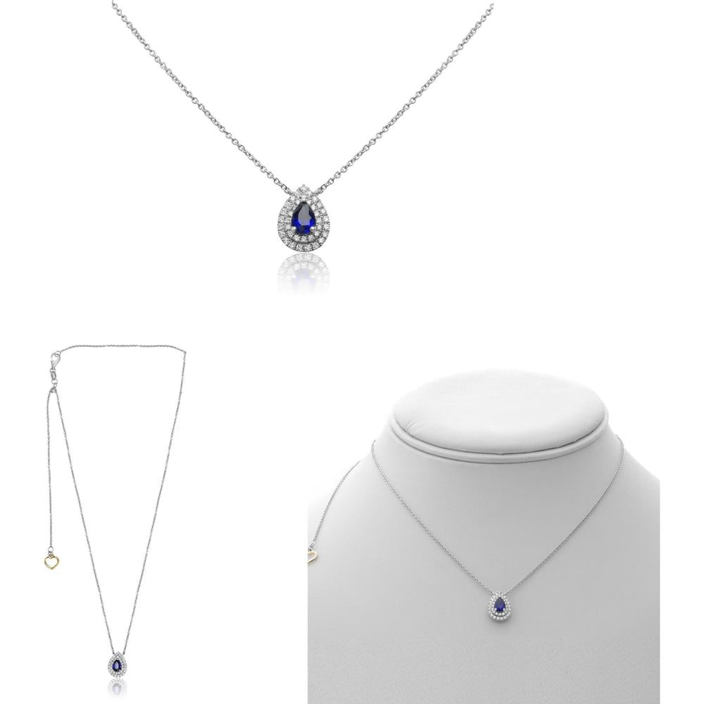 Roman & Jules - 18K White Gold Pear Shape Sapphire Necklace with Round Diamond Halo - 0.23 Carat Total Diamond Weight