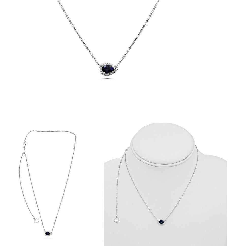 Roman & Jules - 18K White Gold Pear Shape Sapphire Necklace with Round Diamond Halo - 0.82 Carat Sapphire, 0.14 Carat Diamond