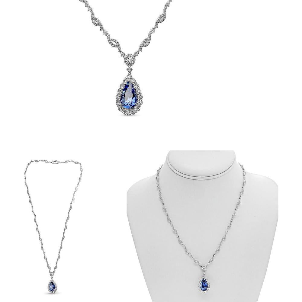 Roman & Jules - 18K White Gold Pear Shape Sapphire Necklace with Round Diamonds - 7.20 Carat Sapphire, 5.03 Carat Total Diamond Weight