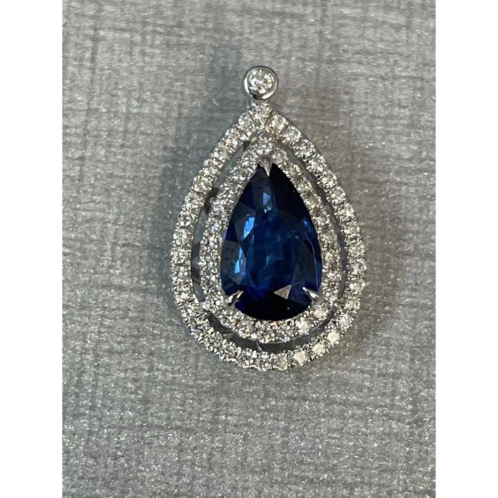 Roman & Jules - 18K White Gold Pear Shape Sapphire Pendant with Round Diamond Double Halo - 1.34 Carat Total Diamond Weight