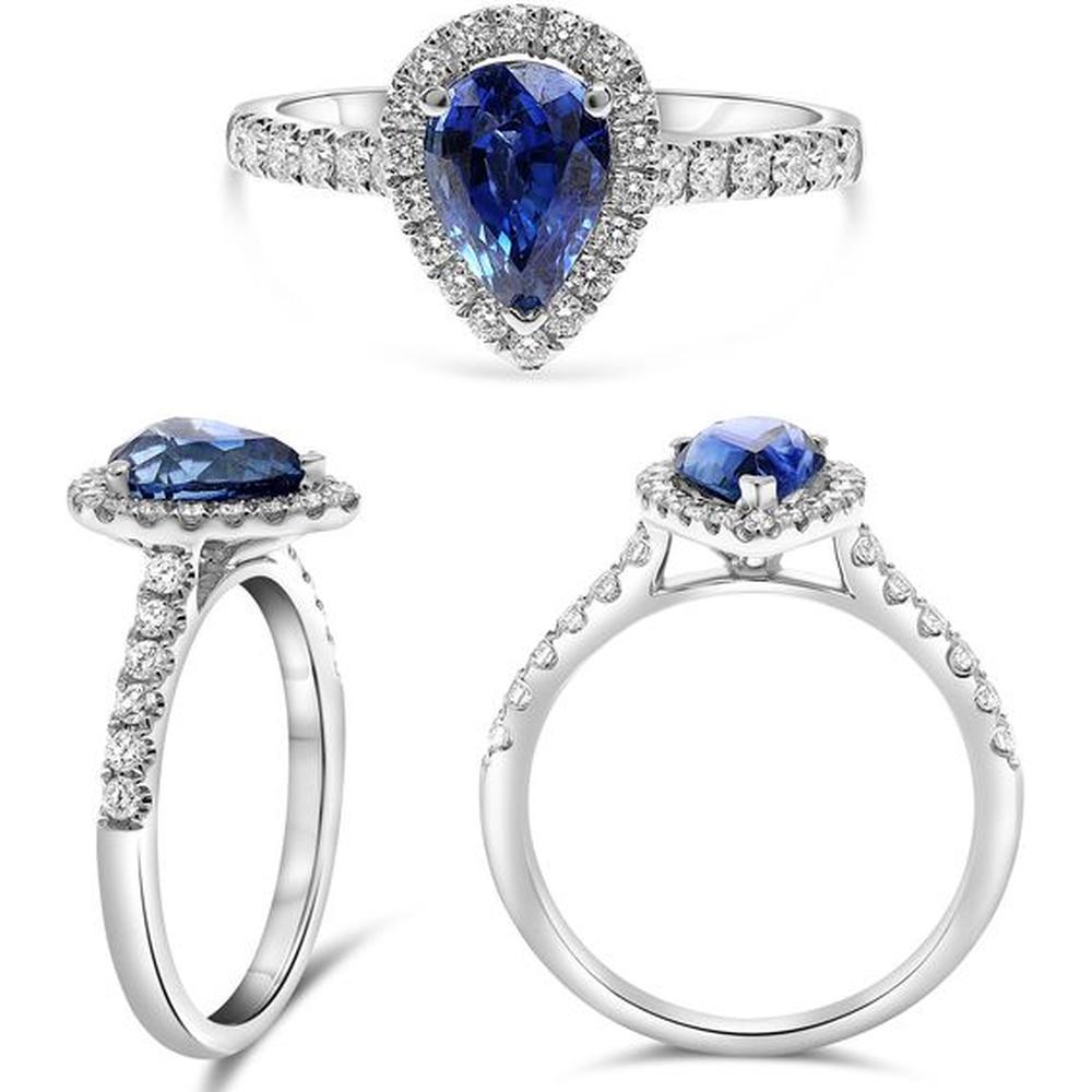 Roman & Jules - 18K White Gold Pear Shape Sapphire Ring with Diamond Halo - 1.64 Carat Sapphire, 0.35 Carat Round Diamond Total Weight
