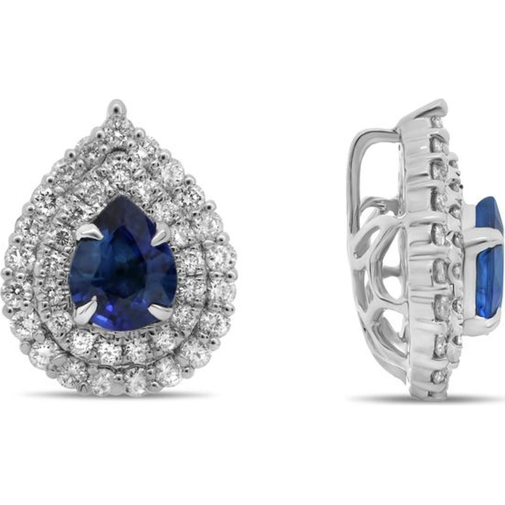 Roman & Jules - 18K White Gold Pear-Shaped Blue Sapphire and Double Halo Diamond Earrings - 0.69 Carat Sapphire and 0.34 Carat Diamond Total Weight