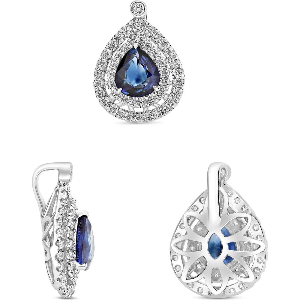 Roman & Jules - 18K White Gold Pear-Shaped Blue Sapphire and Round Diamond Split Halo Pendant - 0.70 Carat Sapphire, 0.21 Carat Diamond