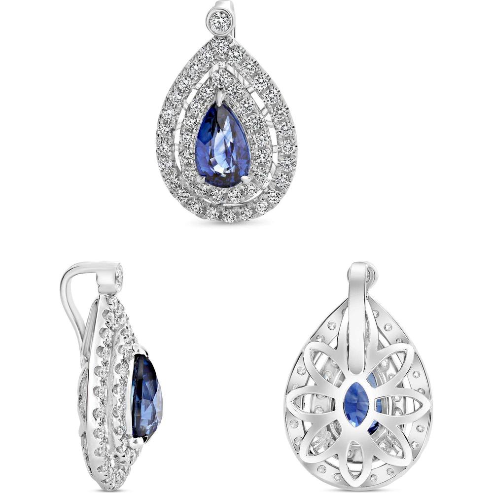 Roman & Jules - 18K White Gold Pear-Shaped Blue Sapphire Pendant with Double Diamond Halo - 0.92 Carat Sapphire and 0.36 Carat Diamond Accents