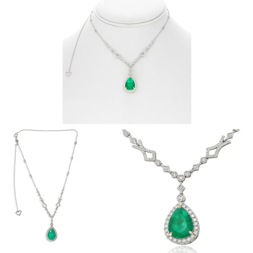 Roman & Jules - 18K White Gold Pear-Shaped Colombian Emerald Halo Necklace with Round Diamonds - 5.80 Carat Total Emerald Weight, 0.97 Carat Total Diamond Weight
