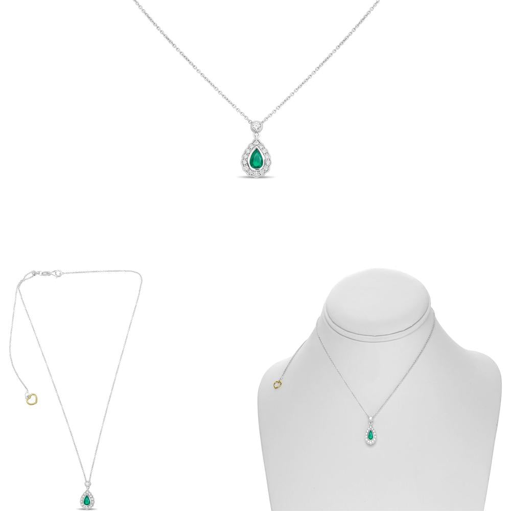 Roman & Jules - 18K White Gold Pear-Shaped Emerald and Diamond Halo Necklace - 0.58 Carat Emerald and 0.25 Carat Diamond Total Weight