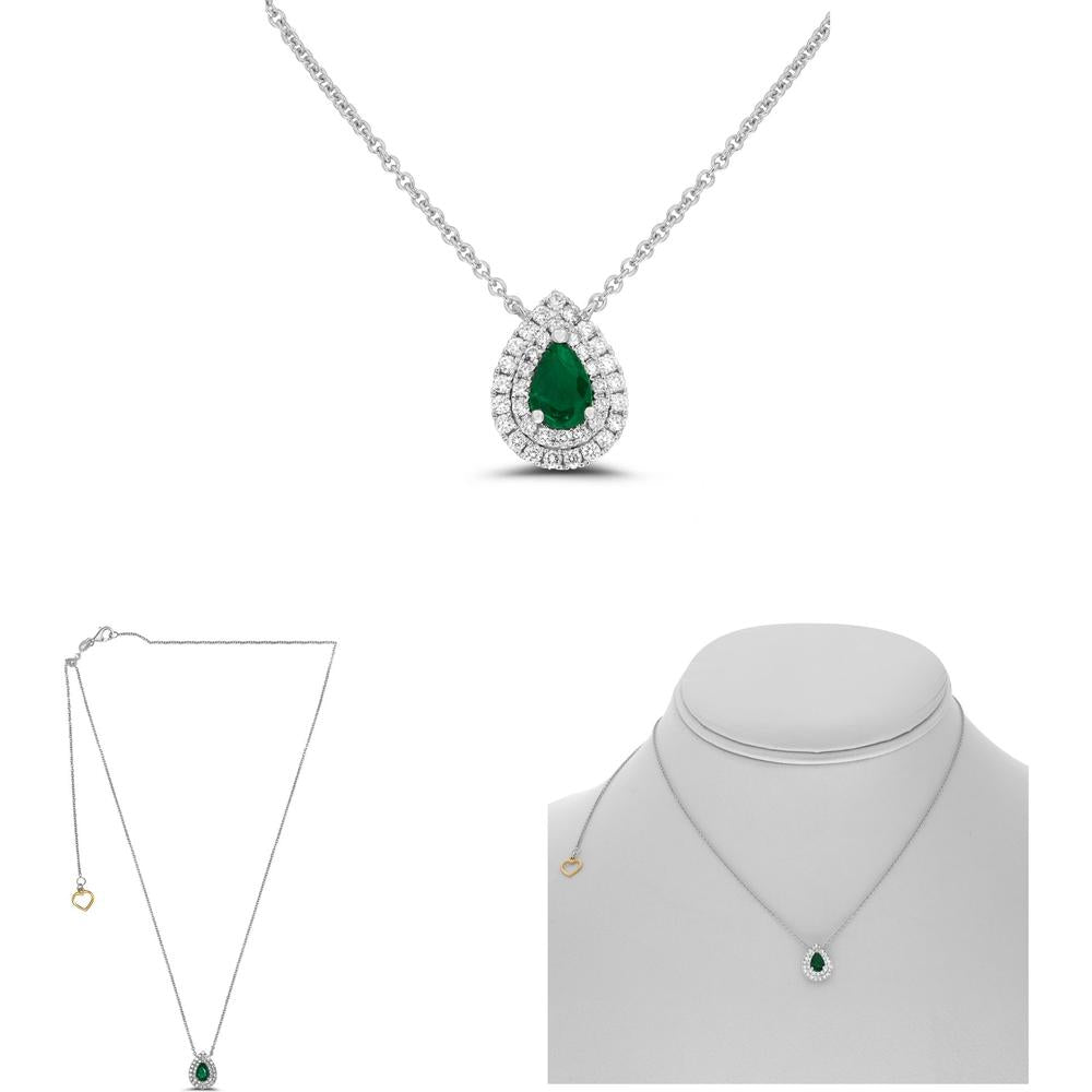 Roman & Jules - 18K White Gold Pear-Shaped Emerald Necklace with Double Diamond Halo - 0.40 Carat Emerald and 0.23 Carat Diamond Accents