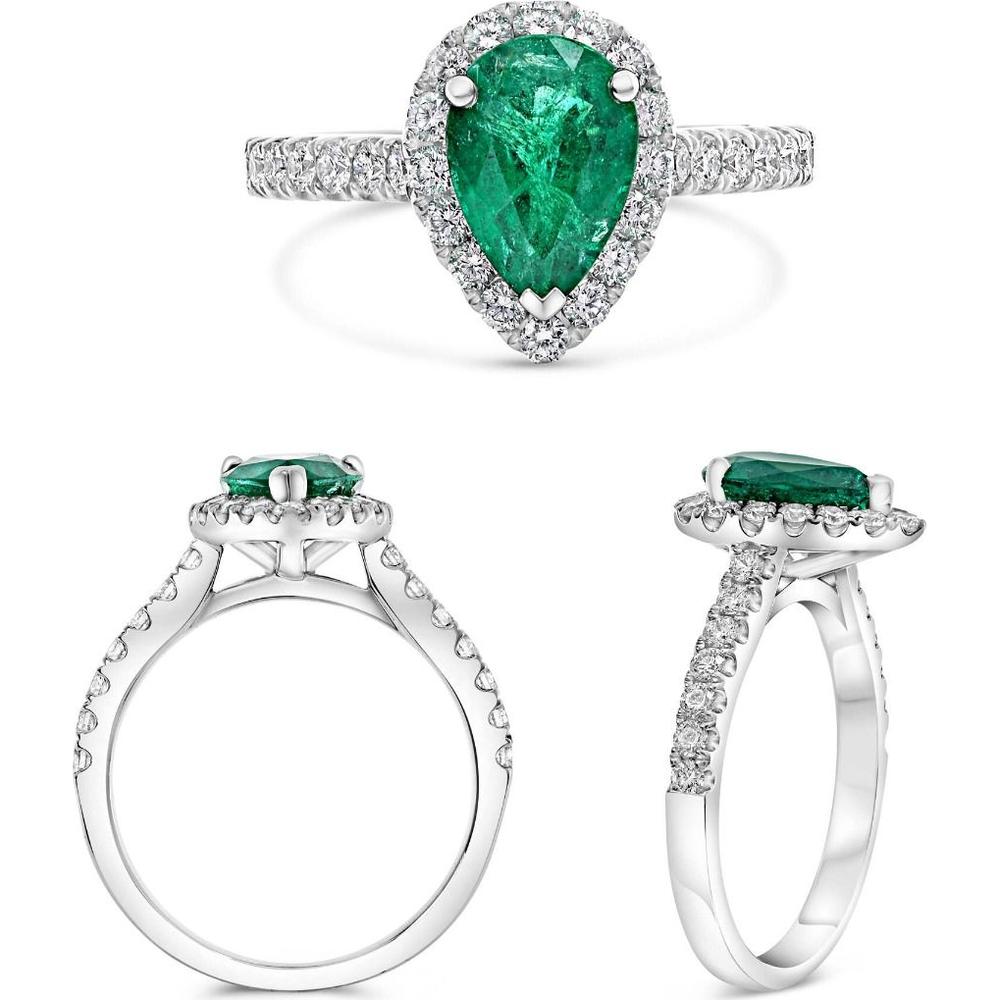 Roman & Jules - 18K White Gold Pear-Shaped Emerald Ring with Diamond Halo - 1.32 Carat Emerald and 0.59 Carat Diamond Accents