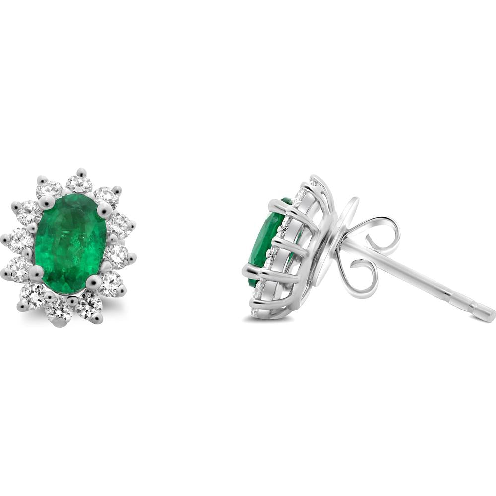 Roman & Jules - 18K White Gold Pear-Shaped Emerald Stud Earrings with Round Diamond Halo - 1.60 Carat Total Gem Weight