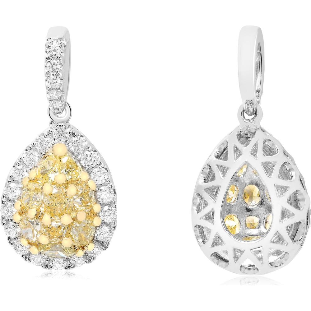 Roman & Jules - 18K White Gold Pear-Shaped Fancy Yellow Diamond Cluster Earrings with Round Diamond Halo - 0.88 Carat Total Diamond Weight