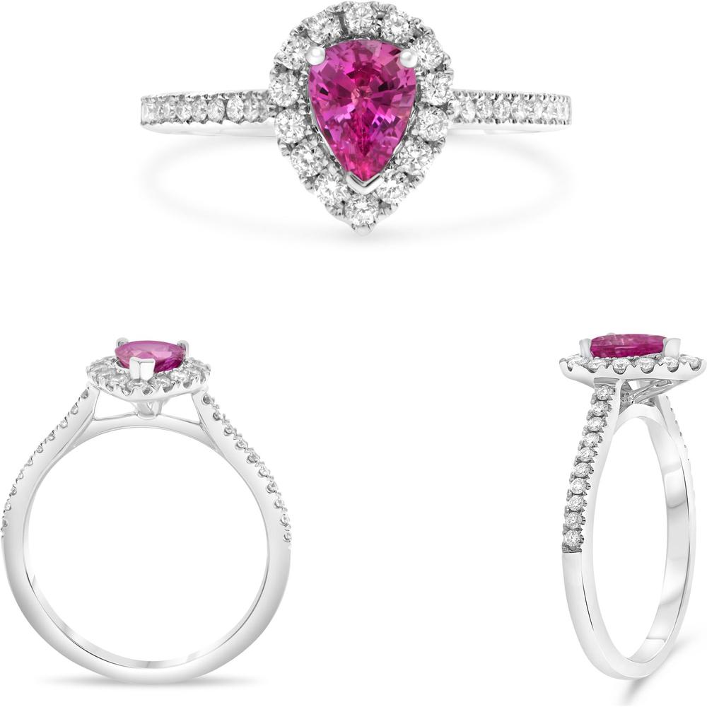 Roman & Jules - 18K White Gold Pear-Shaped Pink Sapphire Halo Ring with Round Diamonds - 0.86 Carat Pink Sapphire and 0.38 Carat Diamond Accents