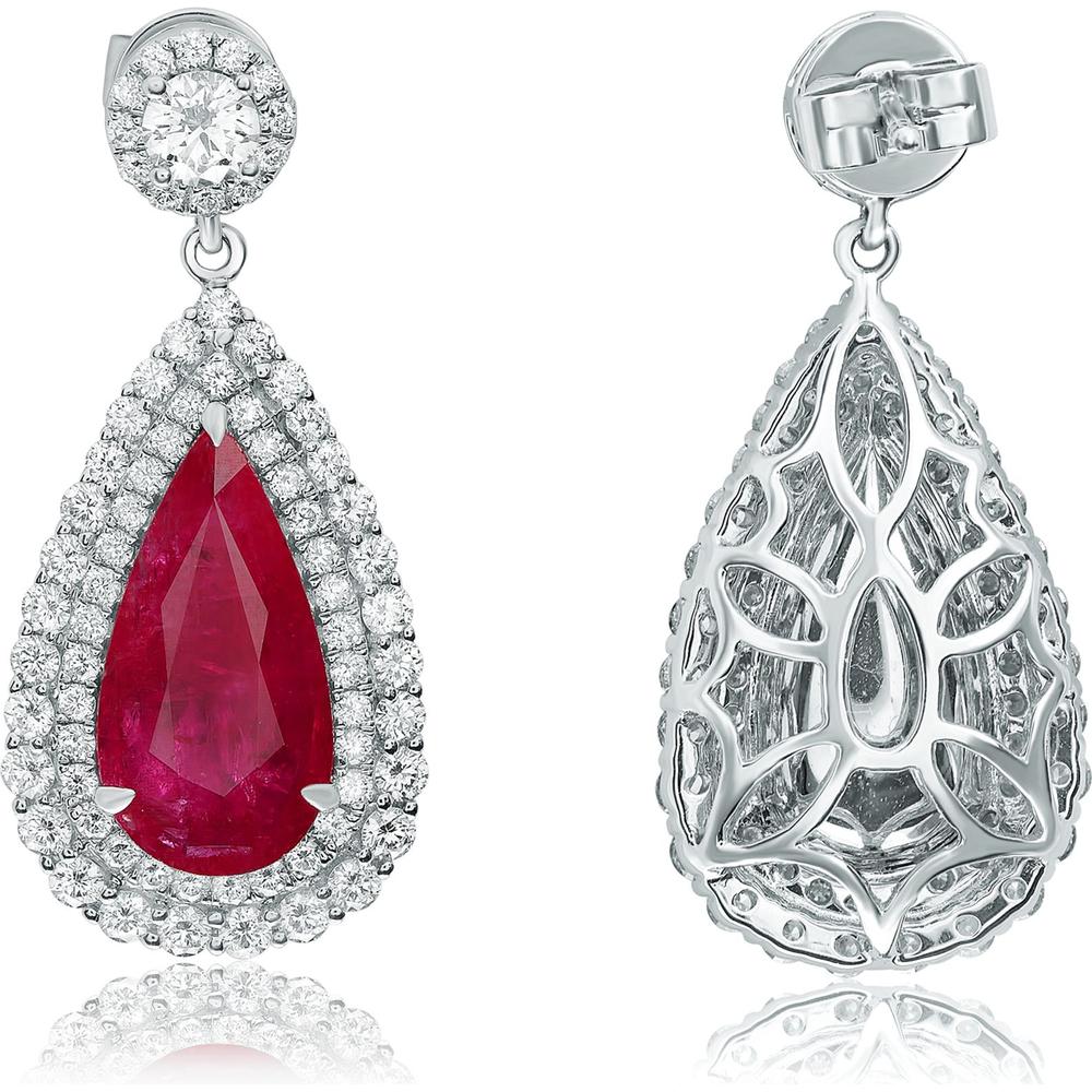 Roman & Jules - 18K White Gold Pear-Shaped Ruby and Double Halo Diamond Drop Earrings - 5.29 Carat Ruby and 1.98 Carat Total Diamond Weight