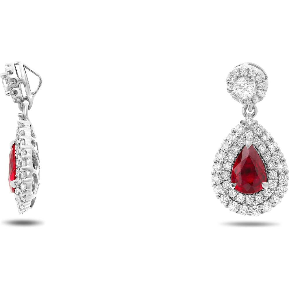 Roman & Jules - 18K White Gold Pear-Shaped Ruby Earrings with Diamond Halo - 1.51 Carat Total Ruby Weight, 0.45 Carat Total Diamond Weight