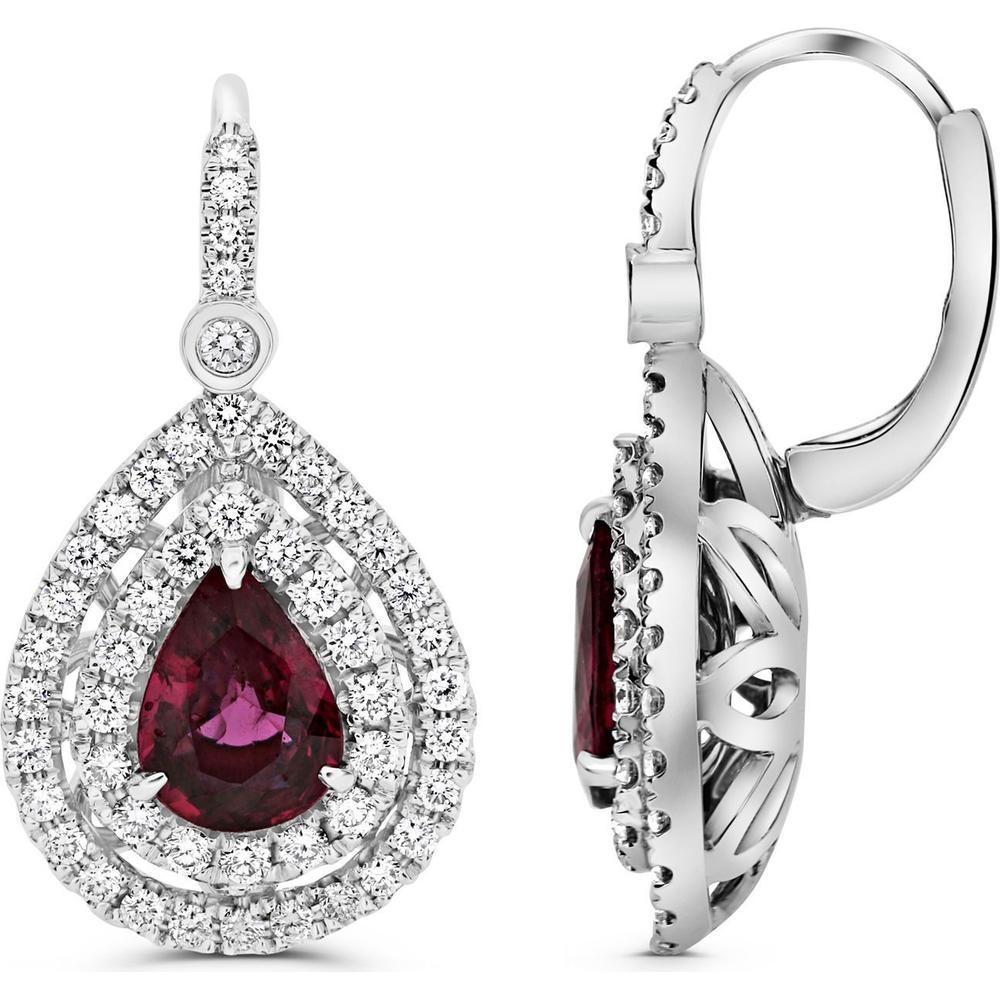Roman & Jules - 18K White Gold Pear-Shaped Ruby Earrings with Round Diamond Halo - 2.27 Carat Total Ruby Weight, 1.00 Carat Total Diamond Weight