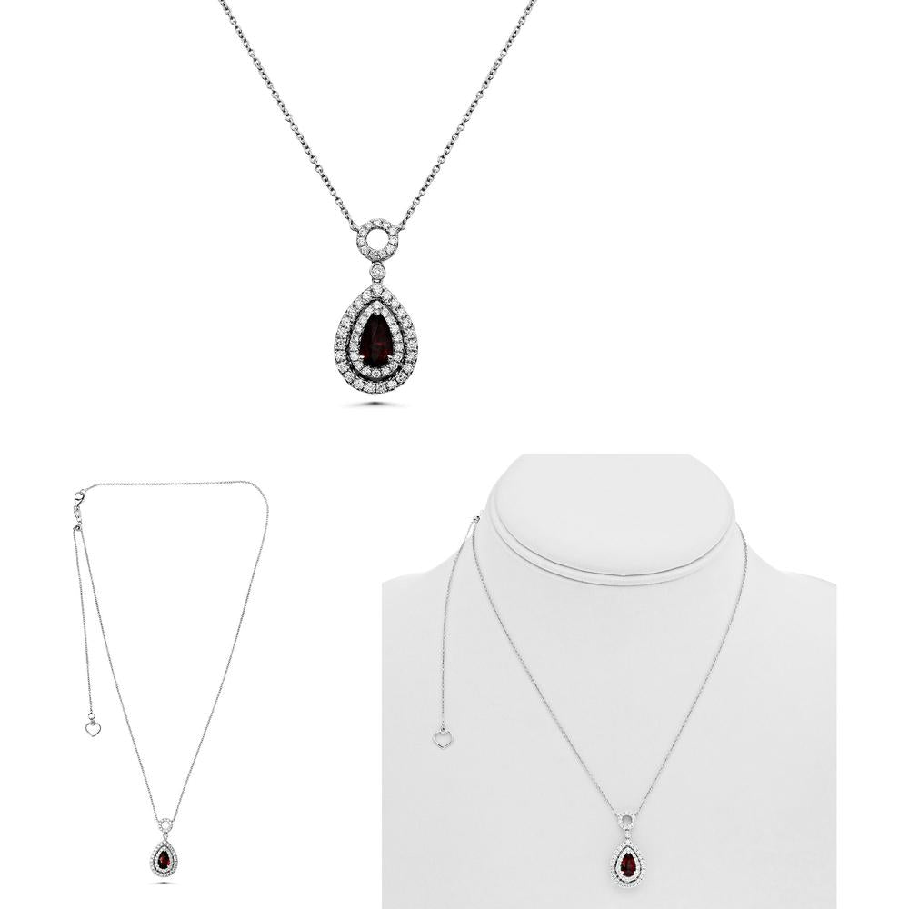Roman & Jules - 18K White Gold Pear-Shaped Ruby Necklace with 0.57 Carat Round Diamonds and Double Center Design