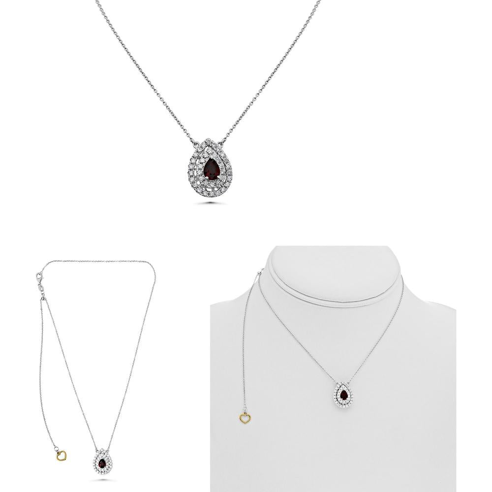 Roman & Jules - 18K White Gold Pear-Shaped Ruby Necklace with Diamond Halo - 0.58 Carat Total Diamond Weight
