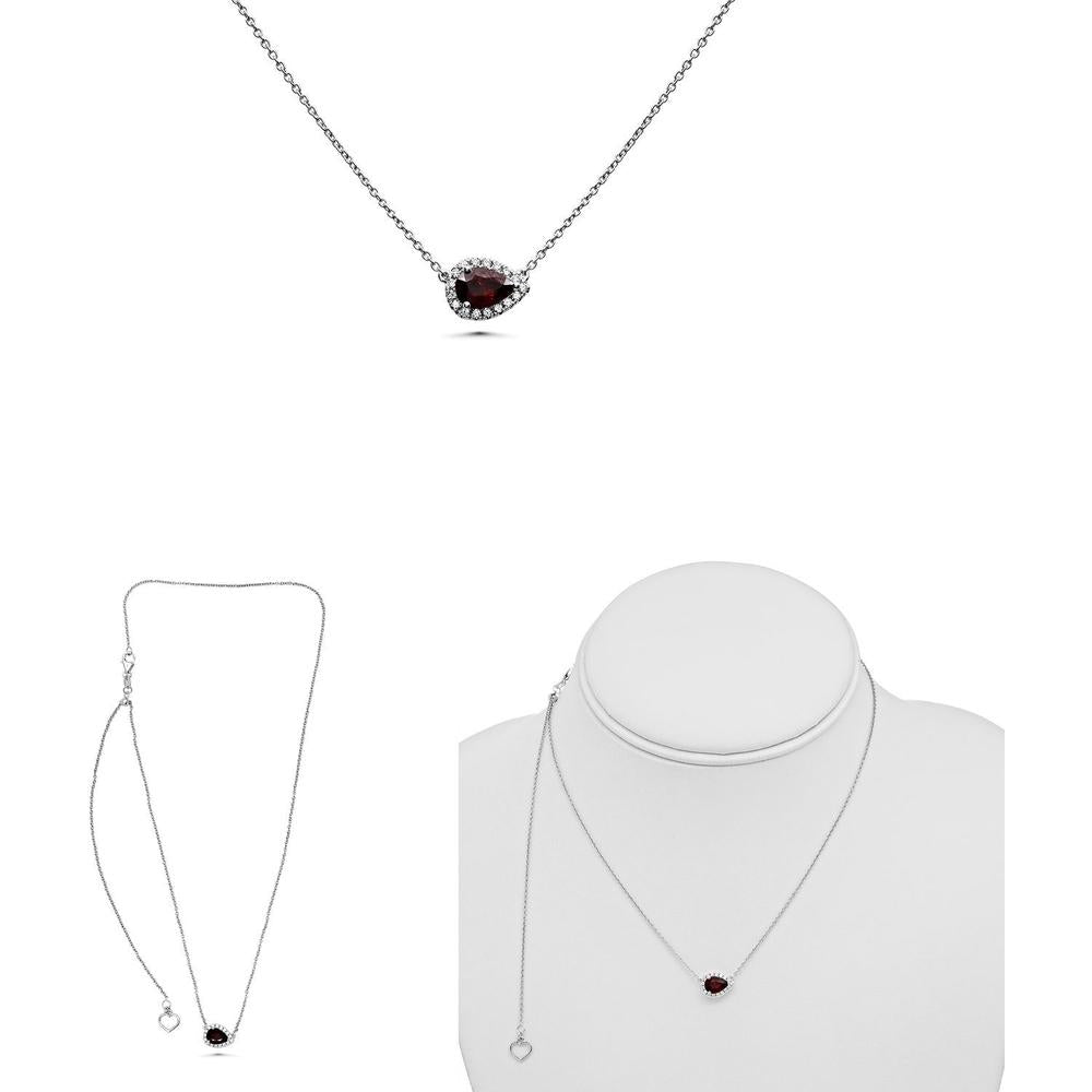 Roman & Jules - 18K White Gold Pear-Shaped Ruby Necklace with Diamond Halo - 0.82 Carat Total Ruby and Diamond Weight