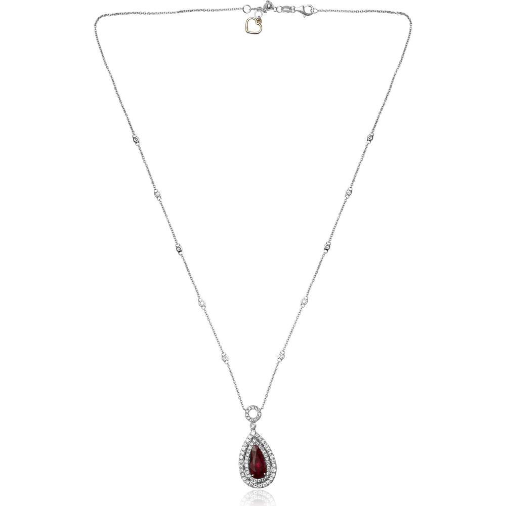 Roman & Jules - 18K White Gold Pear-Shaped Ruby Necklace with Diamond Halo - 1.01 Carat Total Diamond Weight