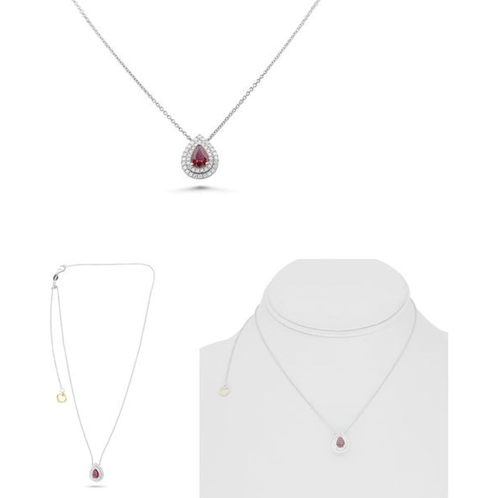 Roman & Jules - 18K White Gold Pear-Shaped Ruby Necklace with Double Diamond Halo - 0.68 Carat Ruby and 0.23 Carat Diamond Accents