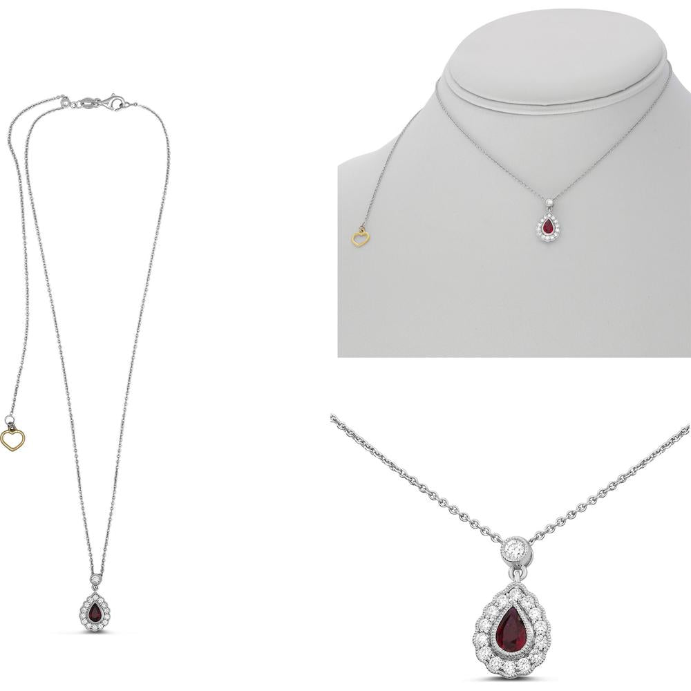 Roman & Jules - 18K White Gold Pear-Shaped Ruby Necklace with Halo of Round Diamonds - 0.47 Carat Total Diamond Weight