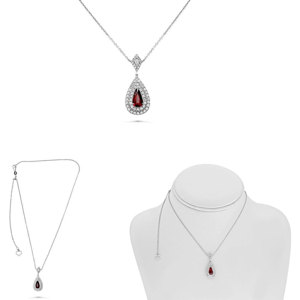 Roman & Jules - 18K White Gold Pear-Shaped Ruby Pendant with Double Diamond Halo - 1.06 Carat Ruby and 0.52 Carat Diamond Weight