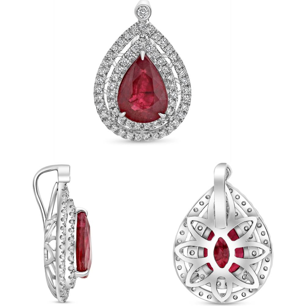 Roman & Jules - 18K White Gold Pear-Shaped Ruby Pendant with Double Diamond Split Halo - 1.71 Carat Ruby and 0.30 Carat Diamond Accents