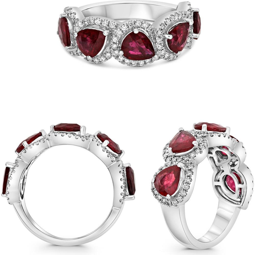 Roman & Jules - 18K White Gold Pear-Shaped Ruby Ring with Halo of Round Diamonds