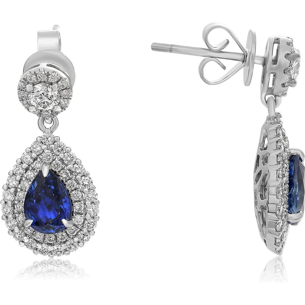 Roman & Jules - 18K White Gold Pear-Shaped Sapphire and Double Halo Diamond Drop Earrings - 1.66 Carat Total Sapphire Weight, 1.06 Carat Total Diamond Weight