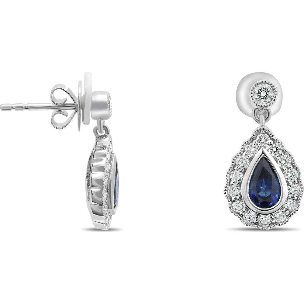Roman & Jules - 18K White Gold Pear Shaped Sapphire Earrings with Diamond Halo - 0.58 Carat Total Diamond Weight