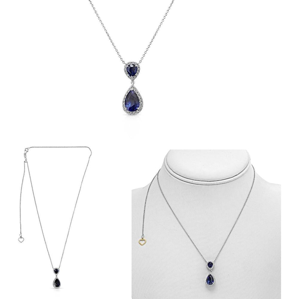 Roman & Jules - 18K White Gold Pear Shaped Sapphire Necklace with Round Diamond Halo - 3.17 Carat Total Sapphire Weight, 0.45 Carat Total Diamond Weight