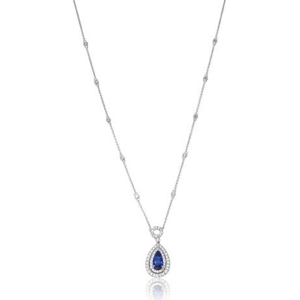 Roman & Jules - 18K White Gold Pear-Shaped Sapphire Pendant Necklace with Round Diamond Halo - 2.01 Carat Sapphire, 0.82 Carat Total Diamond Weight