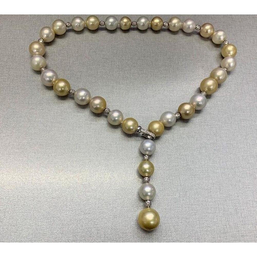 Roman & Jules - 18K White Gold Pearl Drop Necklace with 0.14 Carat Diamonds and 15.2-11.7mm Mixed-Hue Pearls