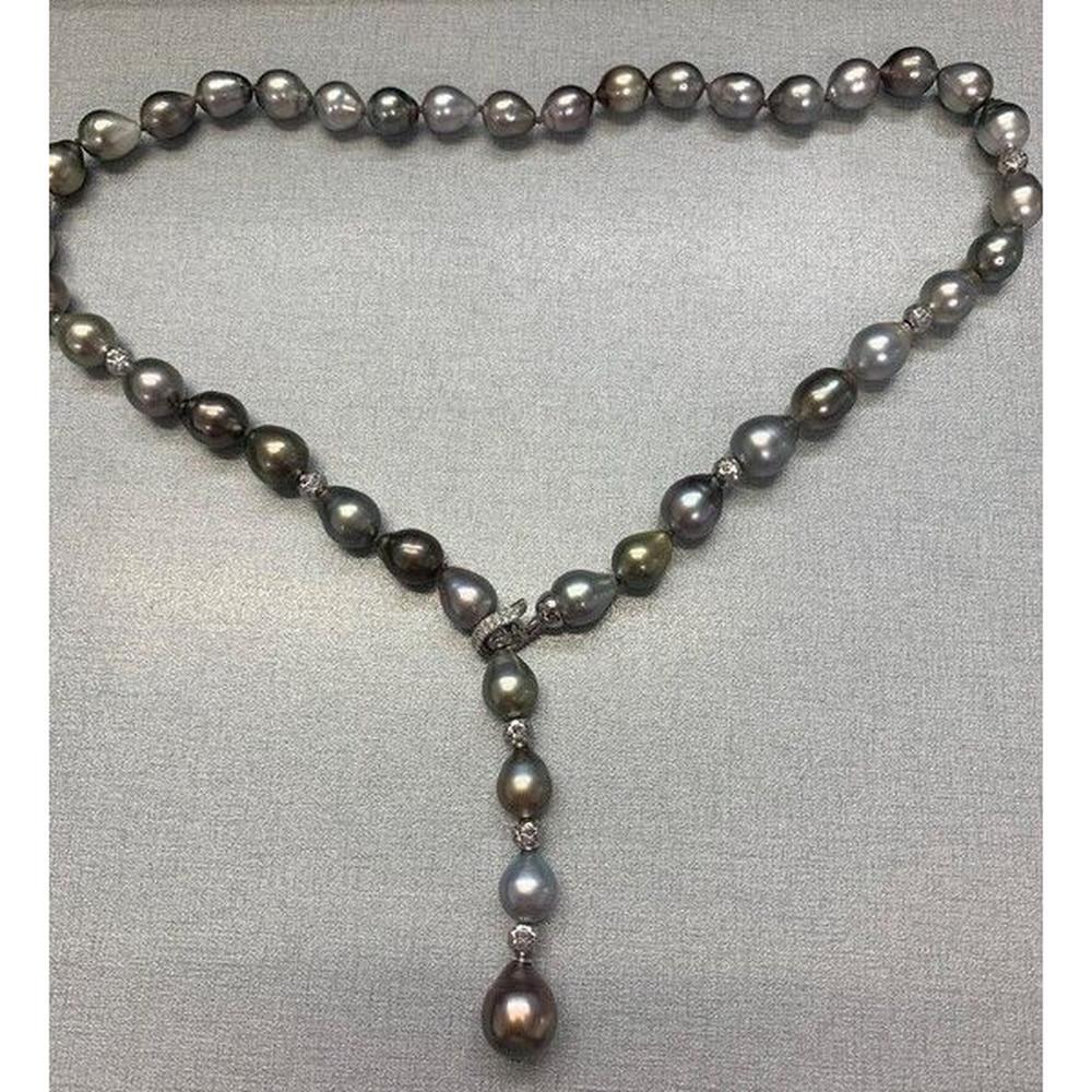 Roman & Jules - 18K White Gold Pearl Y-Drop Necklace with 0.23 Carat Round Diamond Accents and 11-8mm Graduated Pearls